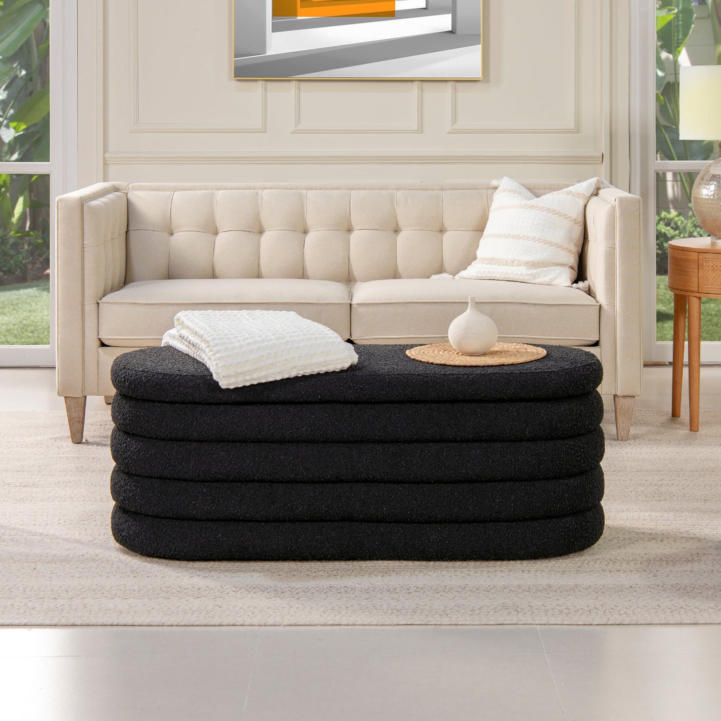 Fuji 49" Upholstered Oval Storage Bench, Ebony