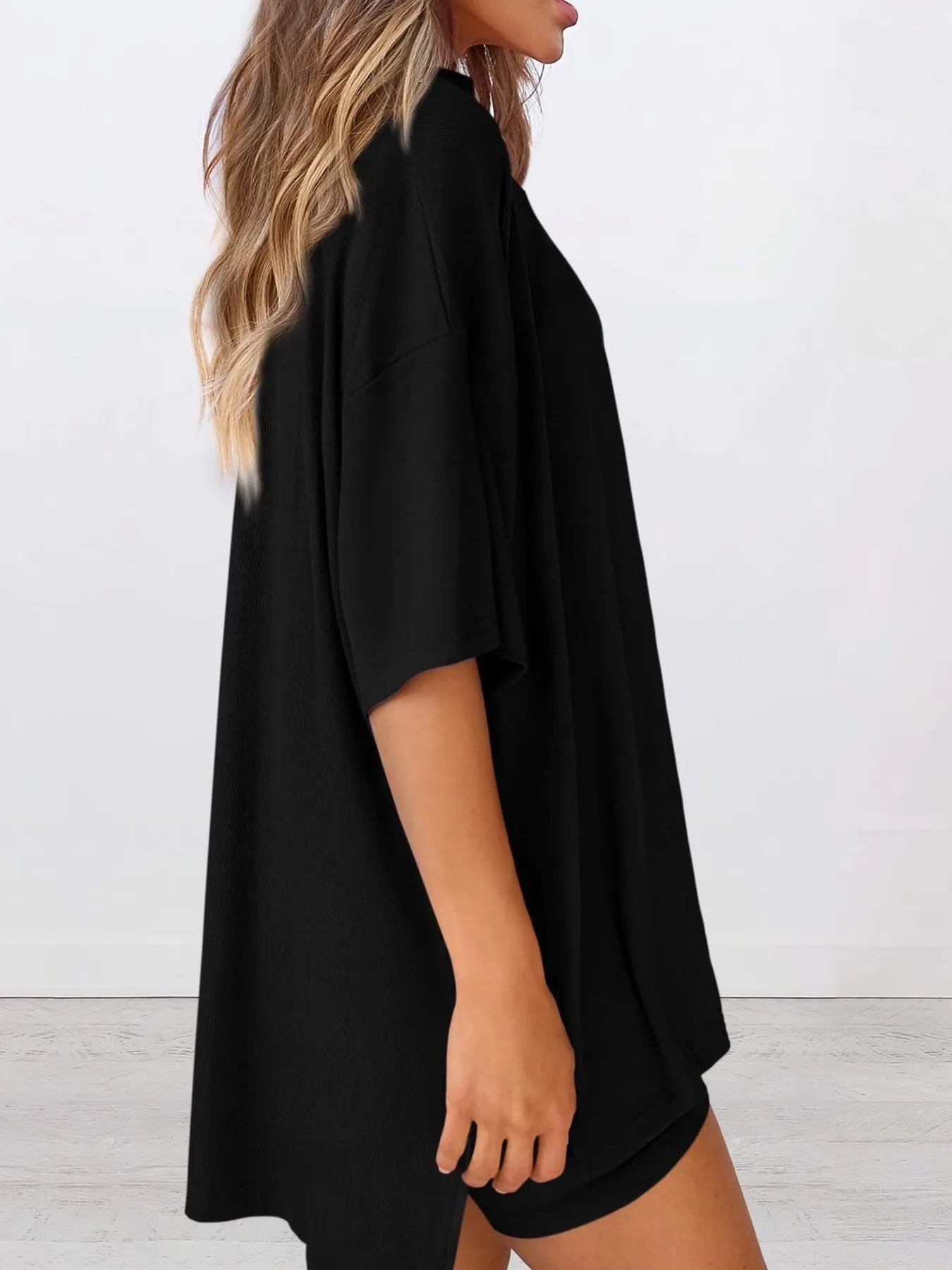 Oversized Slit Round Neck Top and Shorts Lounge Set Plus Size