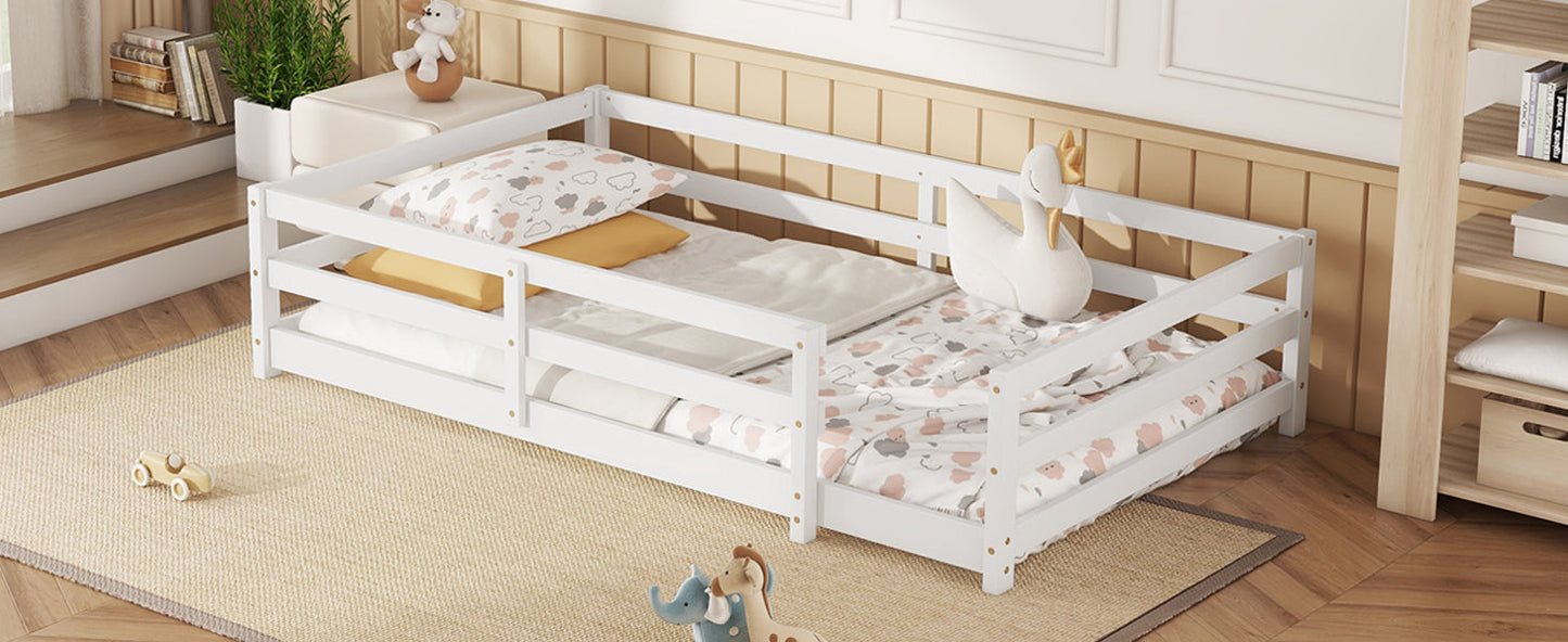 Montessori Twin Size Floor Bed with Fence, White
