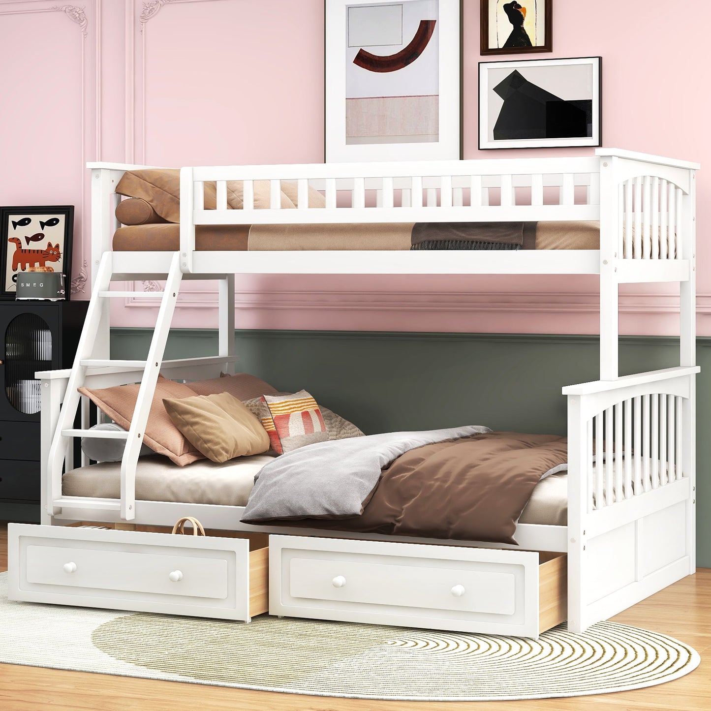 Twin Over Full Bunk Bed with Drawers, Convertible Beds