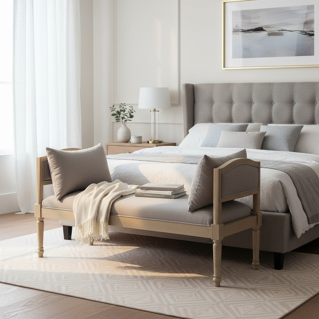 Upholstered Bench with Turned Legs & Side Cushions