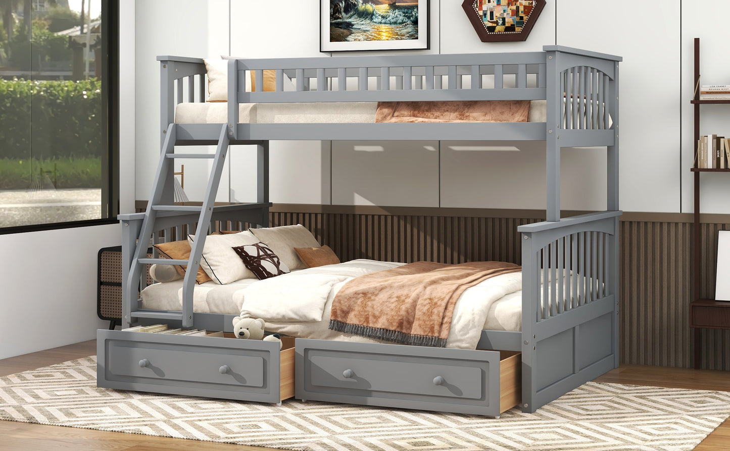 Twin Over Full Bunk Bed with Drawers, Convertible Beds