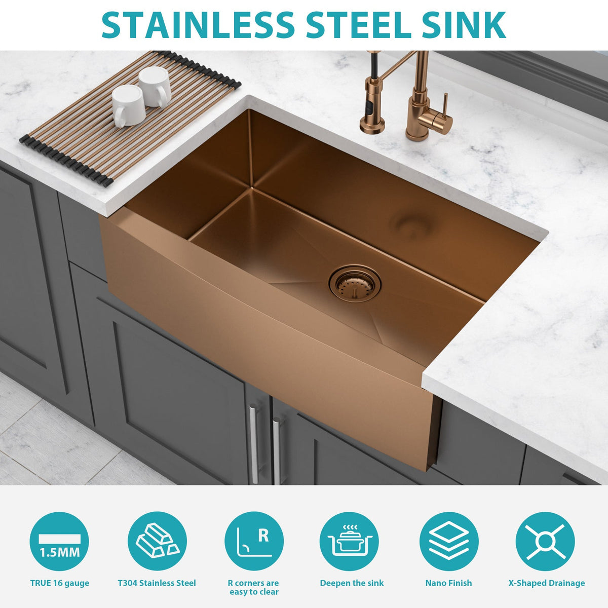 30" Rose Gold Farmhouse Kitchen Sink