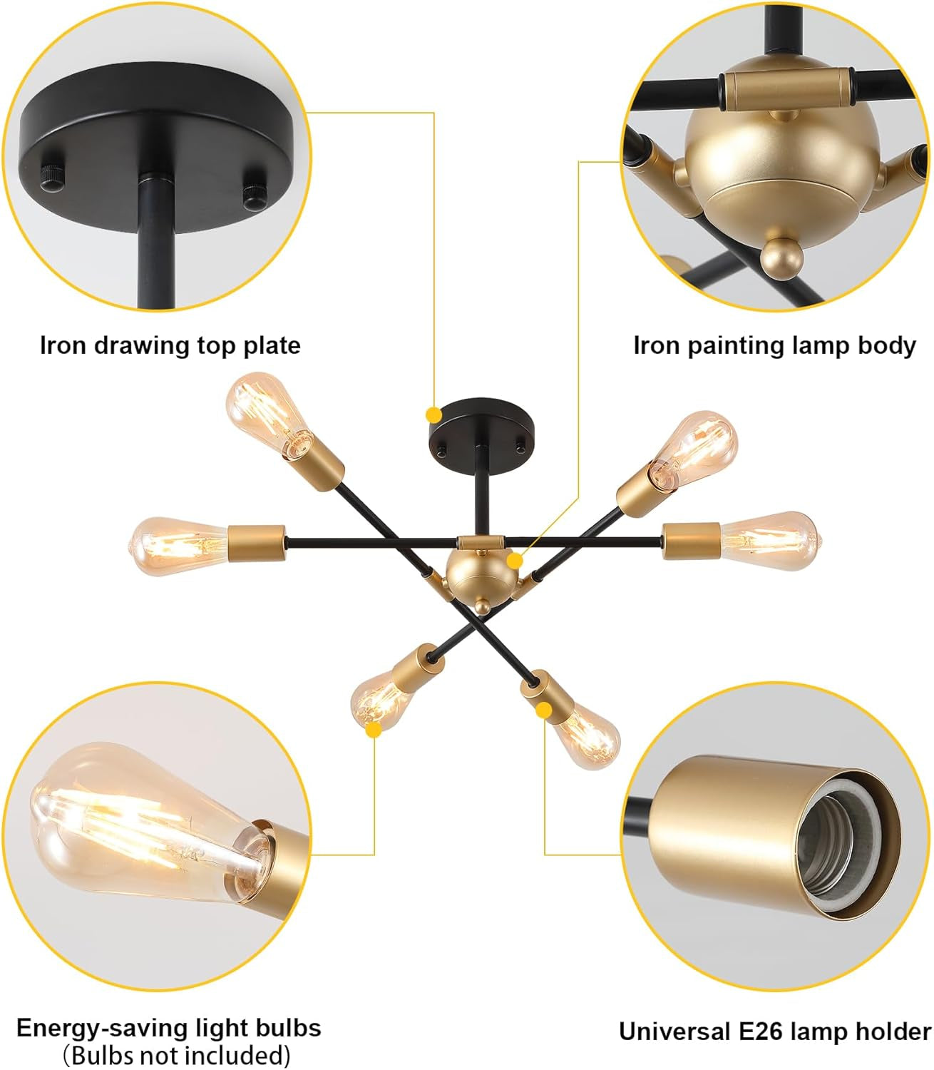 Black And Gold 6 Light Sputnik Ceiling Chandelier Semi Flush Mount UL Listed features energy-saving bulbs and adjustable arms.