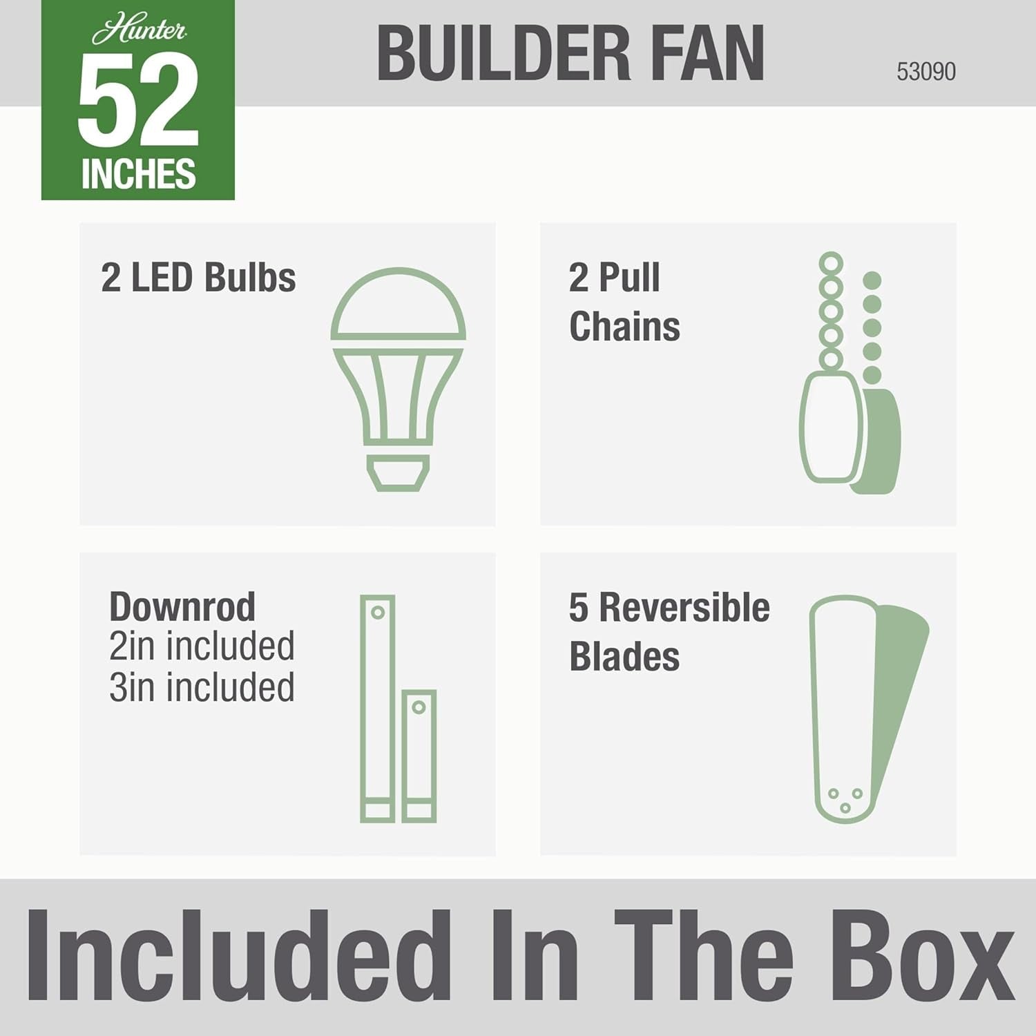 Builder Deluxe 52 Inch Brushed Nickel Indoor Ceiling Fan package contents with LED bulbs, pull chains, downrod, and reversible blades.
