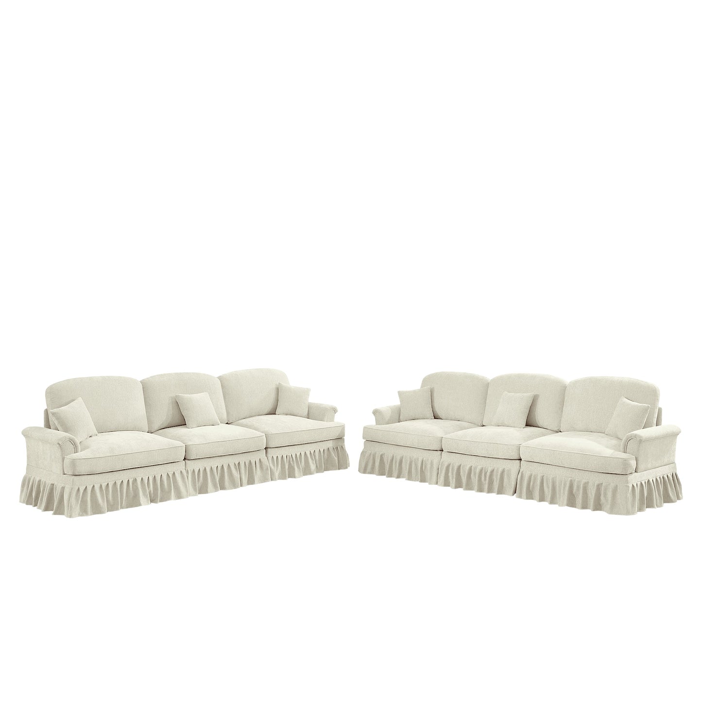 Classic 2 Piece Modular Couch Living Room Sofa Set with Flared Arms and Removable Ruffles Pleats Skirts and Spindle Legs, 3 Seater Sofa +3-Seat Loveseat Sofa Sets for Living Room, Beige White