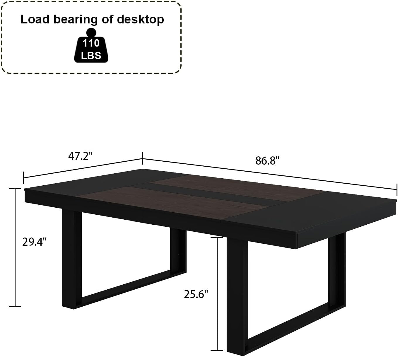 Dining Table 86.6 Inch Rectangular Wood Brown and Black Seats 8 to 10