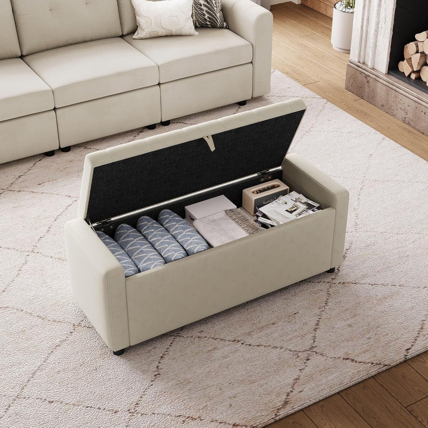 Fifty Inch Upholstered Storage Ottoman Bench Beige