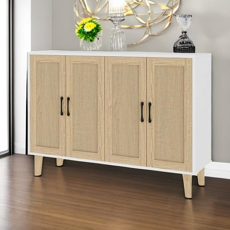 Wooden cabinet with white base and top, featuring four doors and black handles, in a room setting.