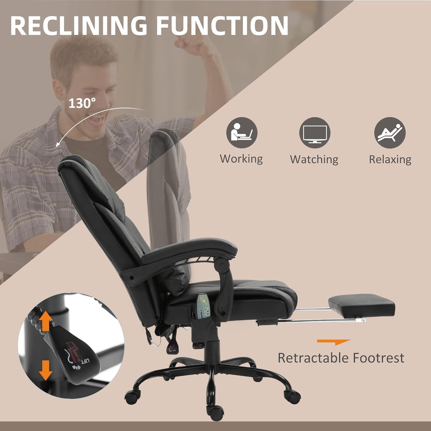 High Back Massage Office Chair With 6 Vibration Points And Footrest Black