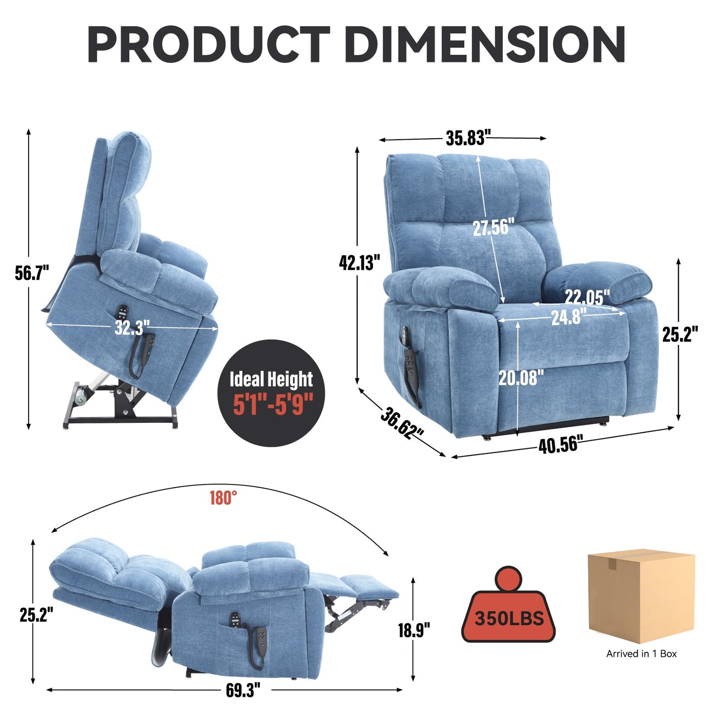 Blue Heat Massage Dual Motor Infinite Position Up to 350 LBS Large Electric Power Lift Recliners with Hidden Cup Holders, Power-Remote, Medium-firm and Heavy Duty