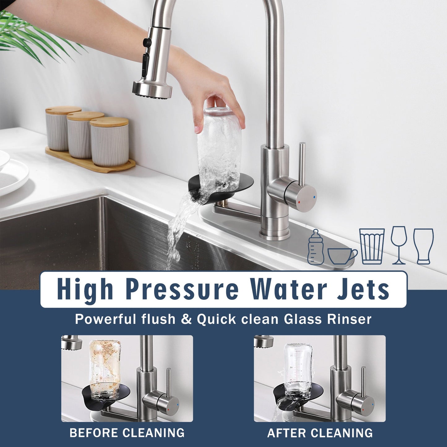 3-in-1 Kitchen Faucet with Press-Type Glass Rinser