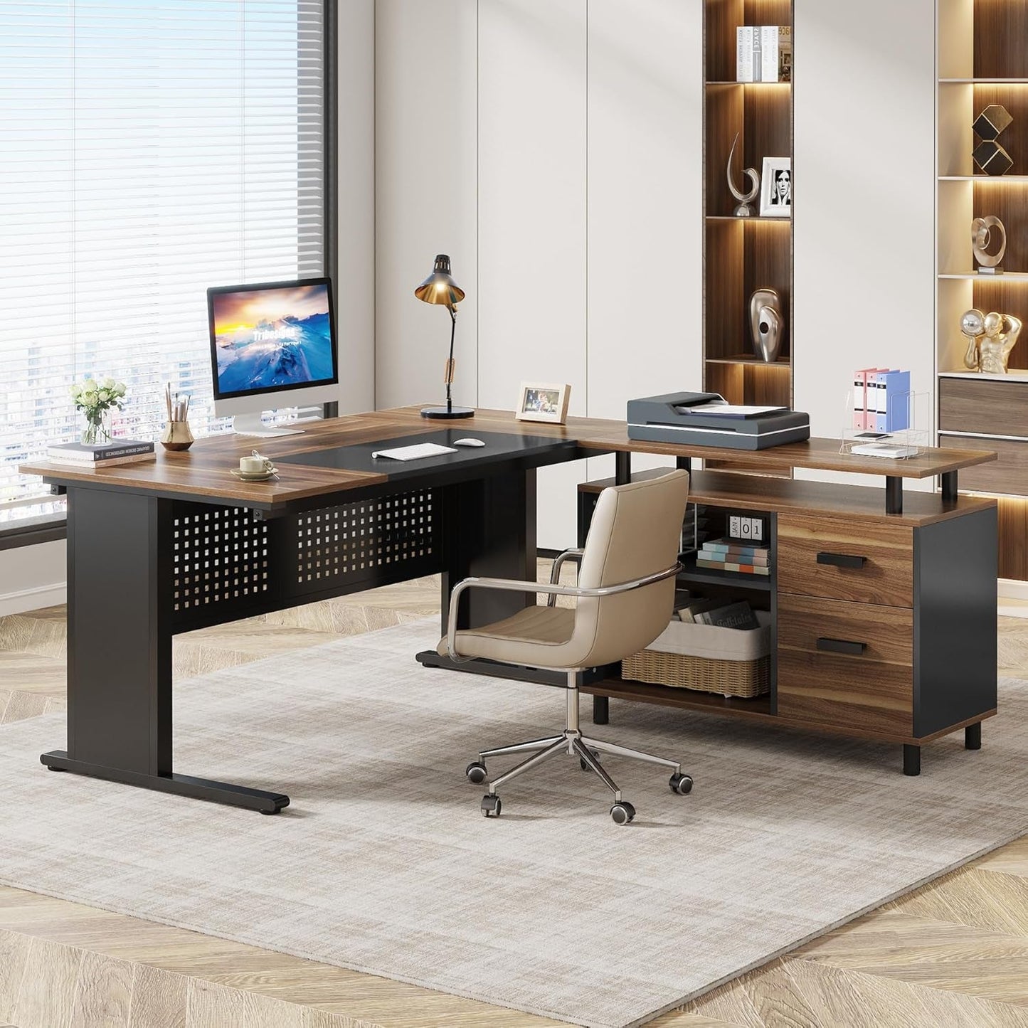 63 Inch L Shaped Desk With File Cabinet For Home Office