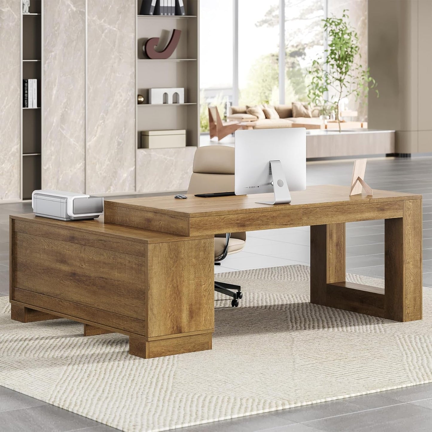 Brown 63 Inch Long L Shaped Desk With Sliding Cabinets
