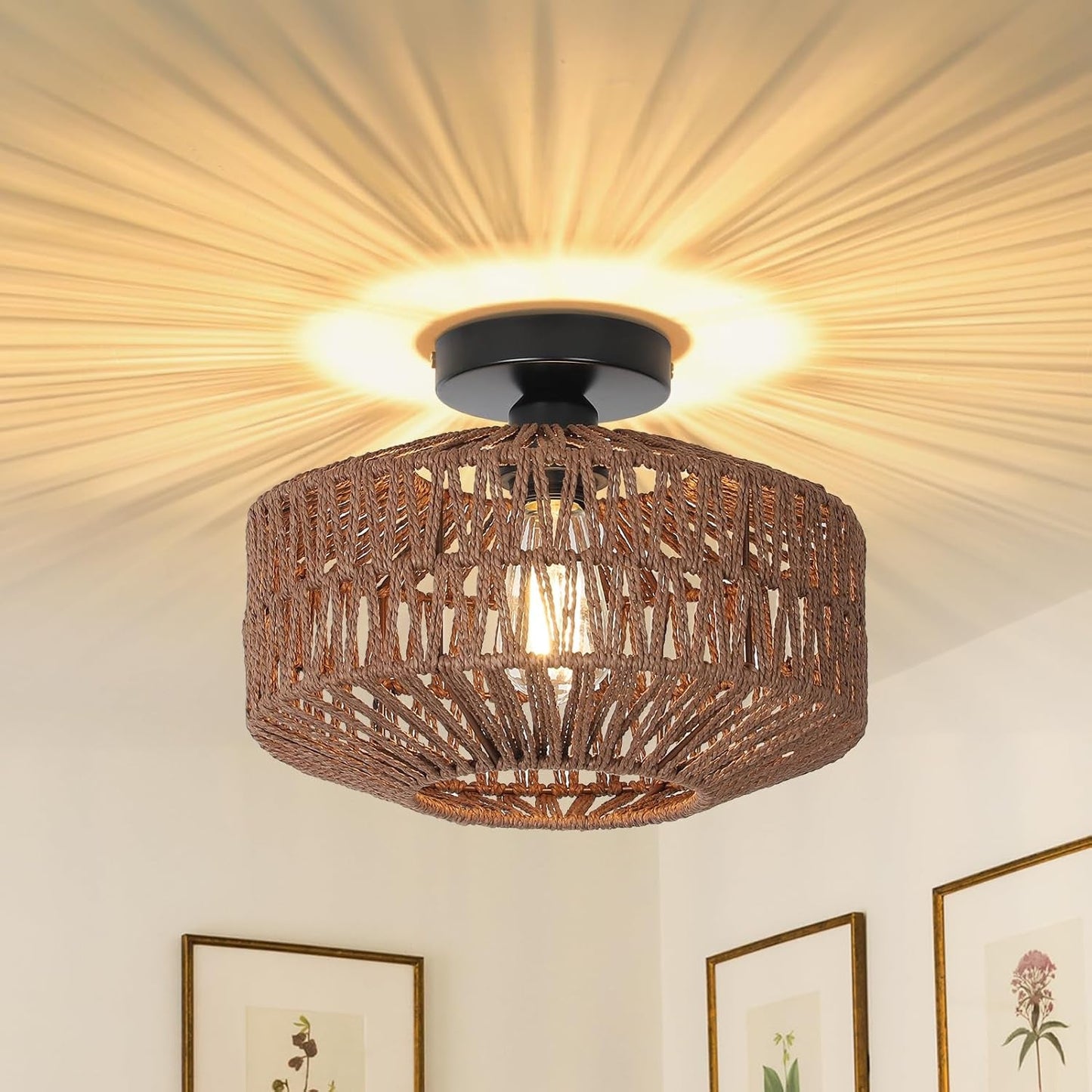Dark Brown Hand Woven Rattan Ceiling Light With Dimmable LED illuminating a cozy room with soft light shadows.