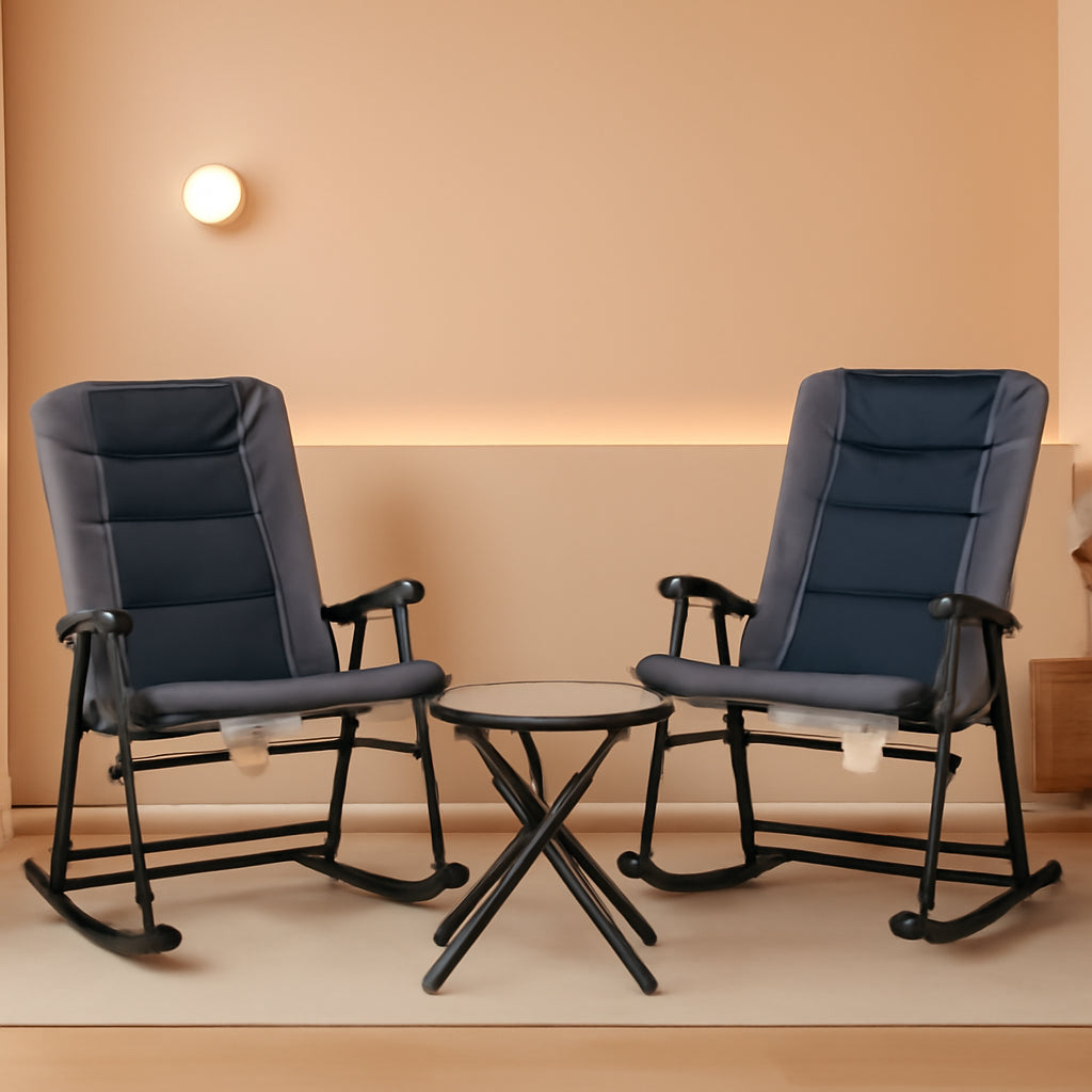 Three Piece Outdoor Patio Furniture Set With Glass Coffee Table And Two Folding Padded Rocking Chairs Navy Blue