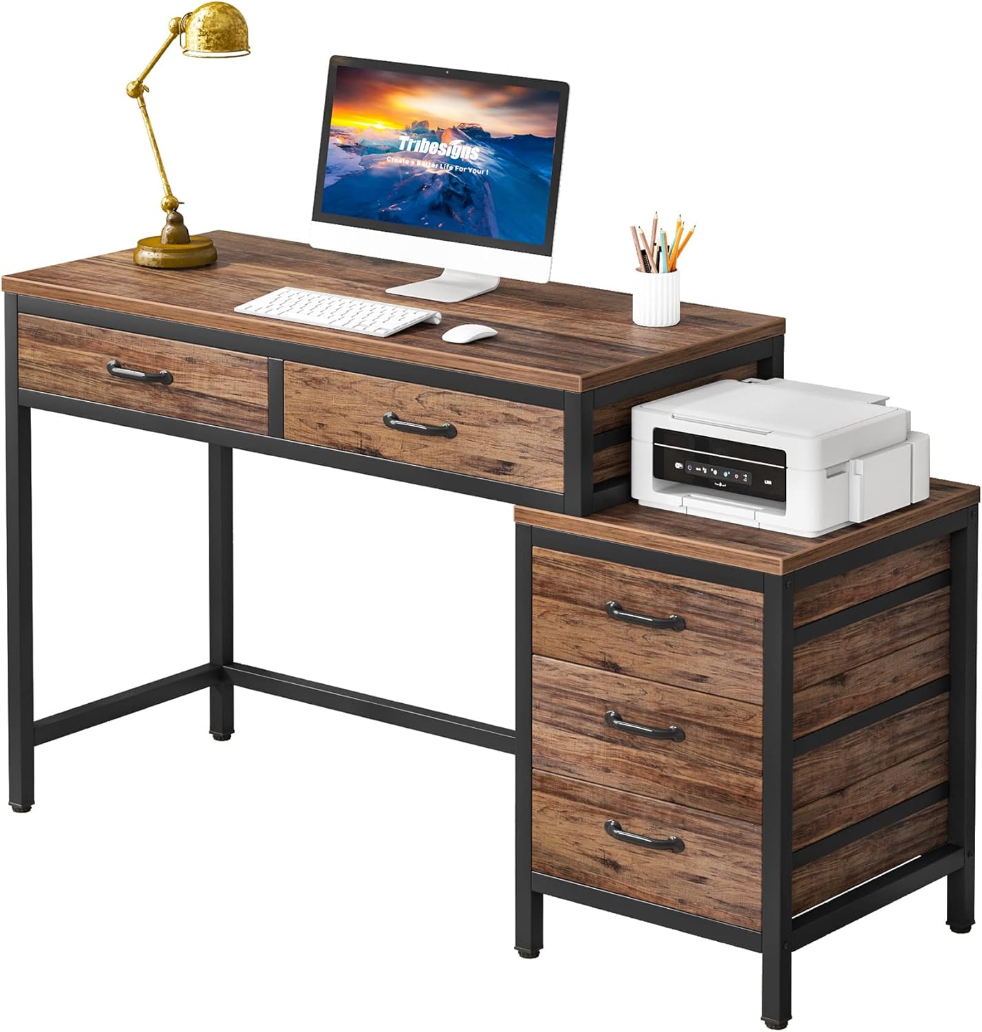51" Reversible Computer Desk with 5 Drawers and File Cabinet
