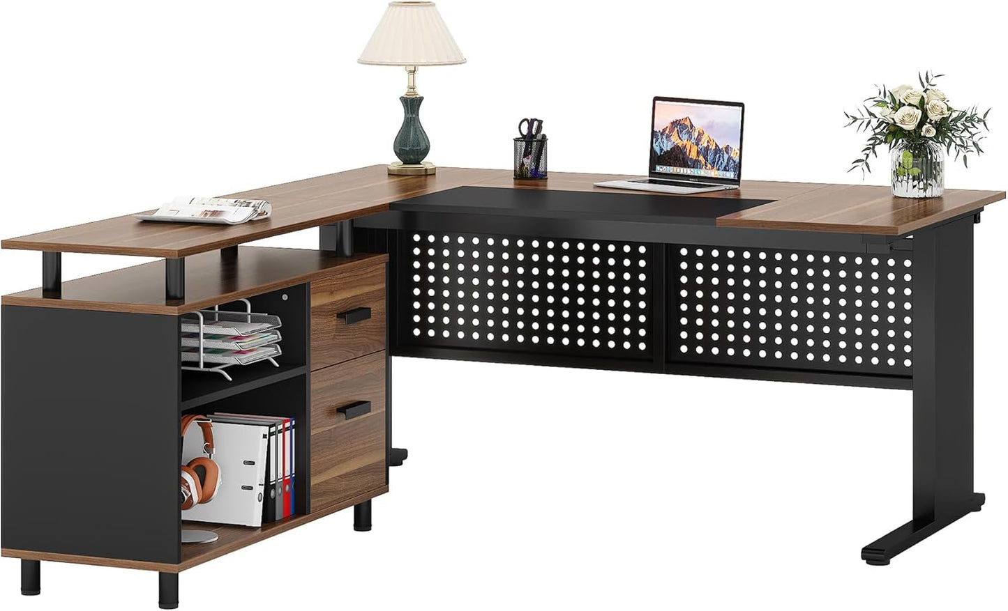 63 Inch L Shaped Desk With File Cabinet For Home Office