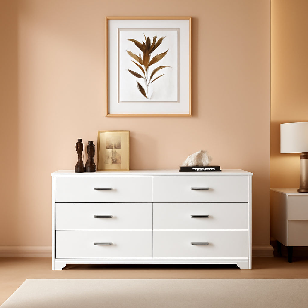 White Wood 6 Drawer Dresser With Inlaid Handle Design