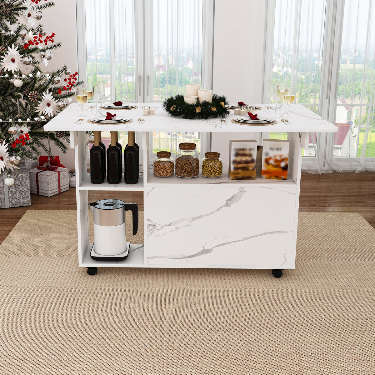 Multi-Functional Folding Table with Storage Shelves and Wheels