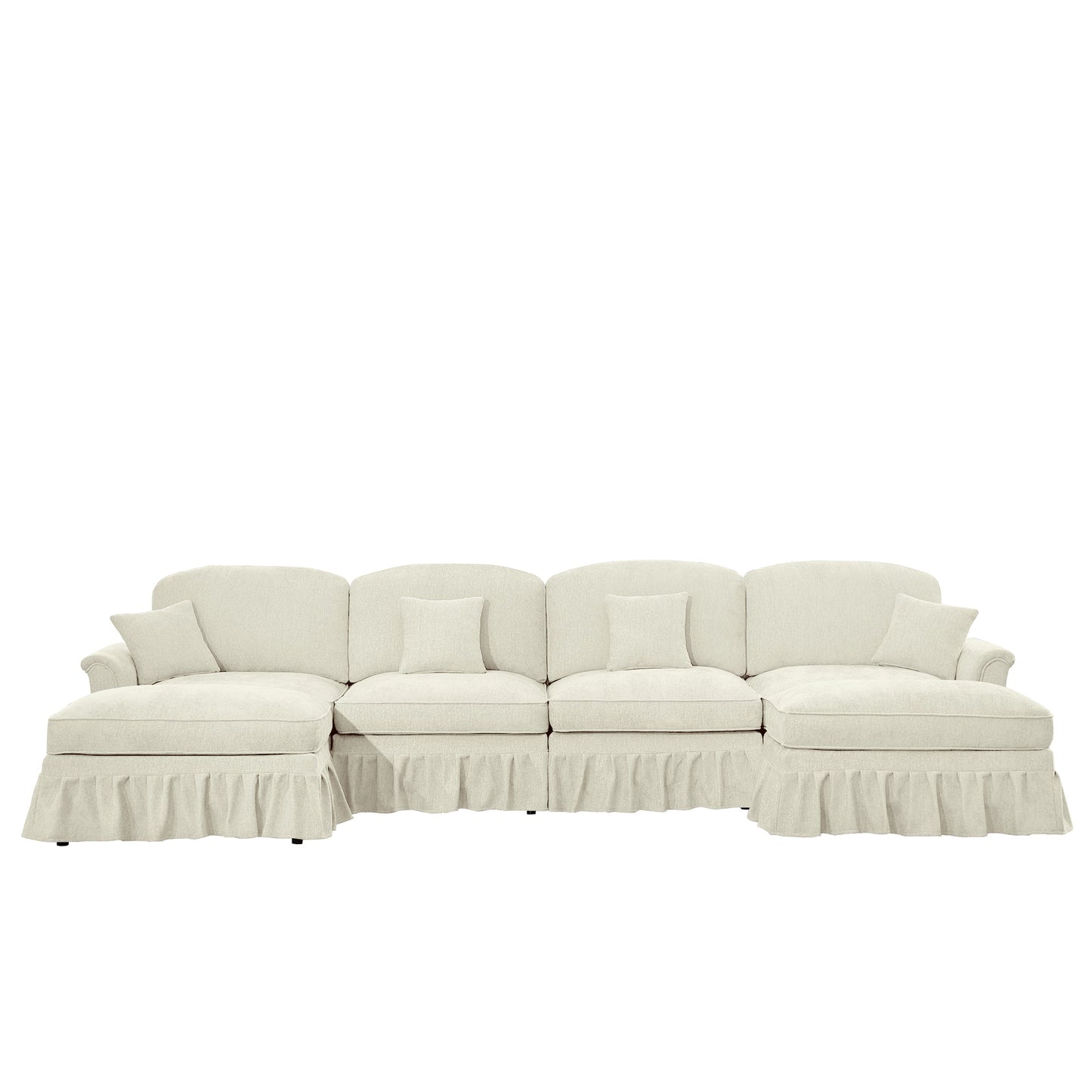 Classic Three Seater Modular L Shaped Sectional Couch with Flared Arms and Removable Ruffles Pleats Skirts and Spindle Legs, Comfy Chenille Four-Seat Deep Seat Sofa with Movable Ottoman, Beige White