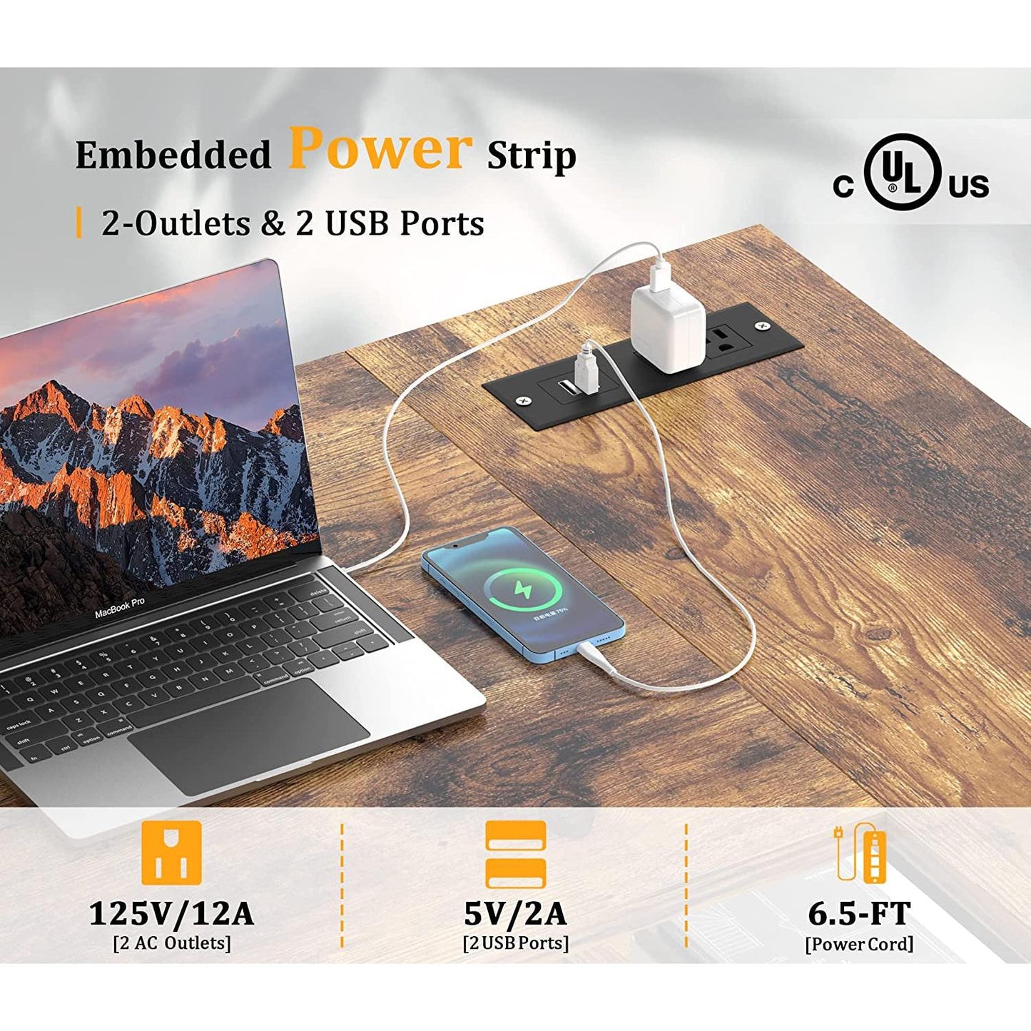 L Shaped Desk With 2 USB Ports And Outlets For Home Office