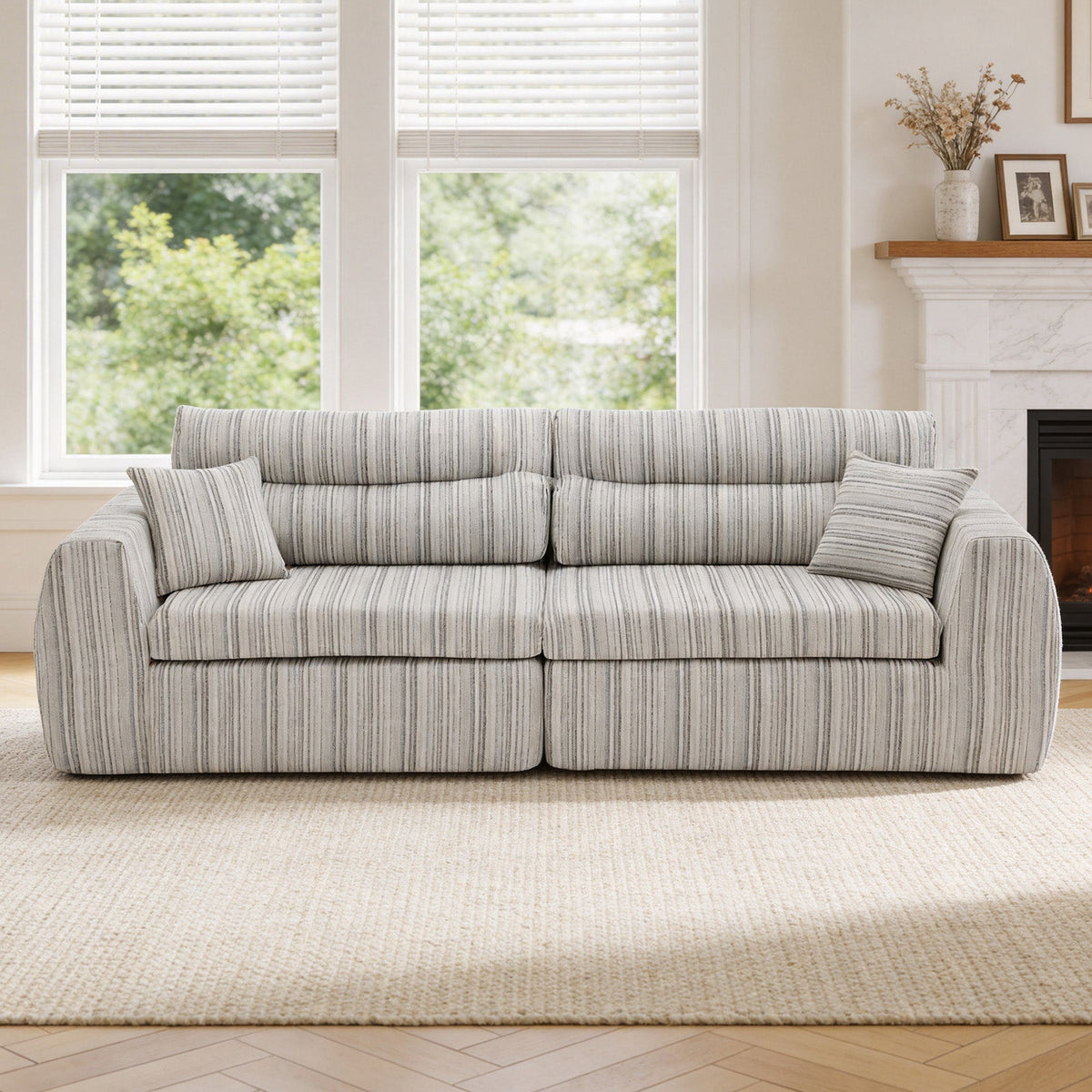 Chenille Stripe Fabric Compressed Sponge Sofa, 3-Seater