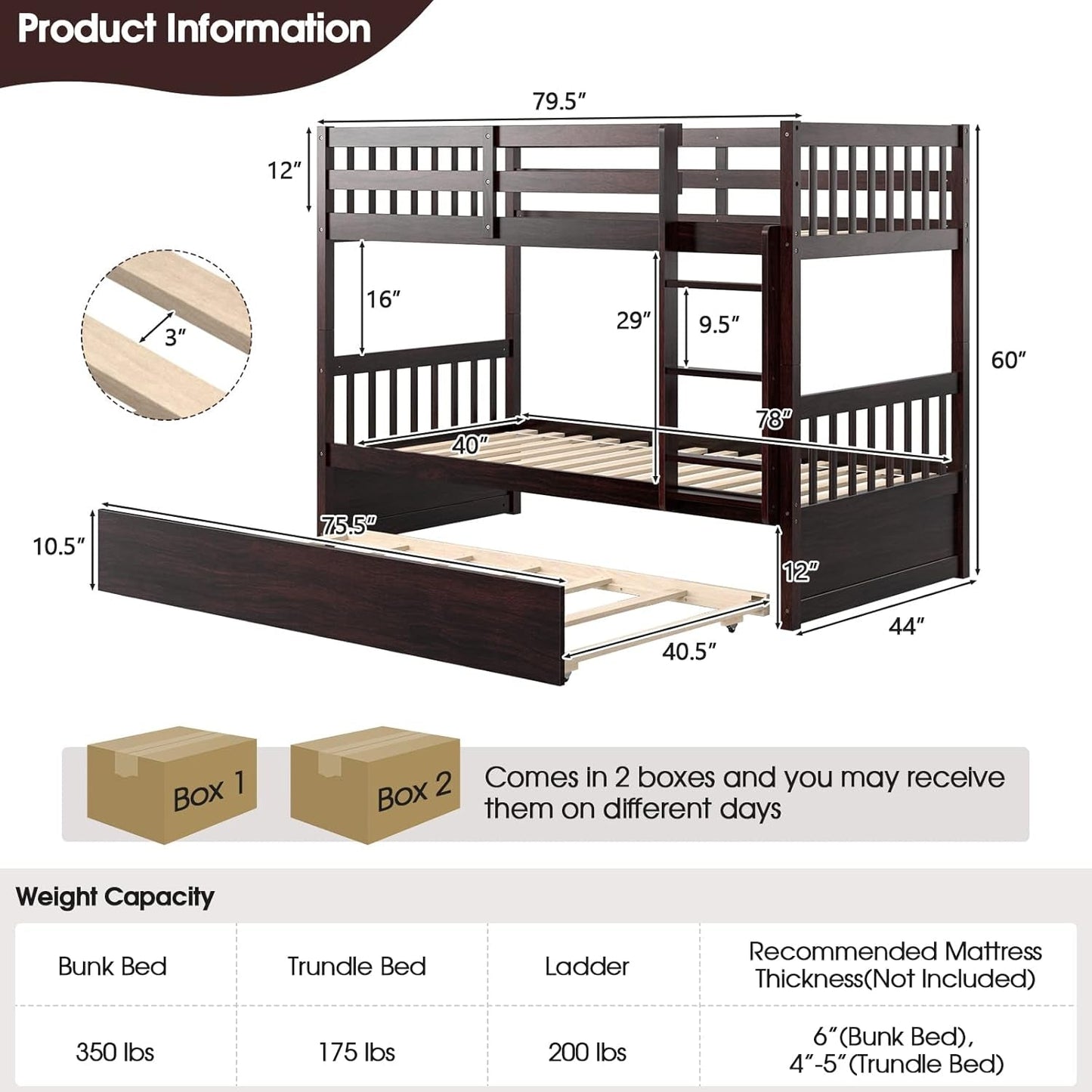 Twin Over Twin Bunk Bed With Trundle In Espresso Solid Wood
