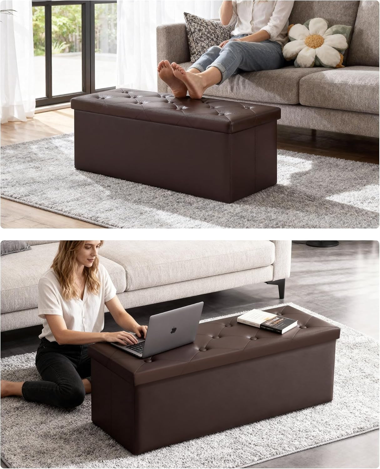 Forty Three Inch Brown Storage Ottoman With Concealed Dividers