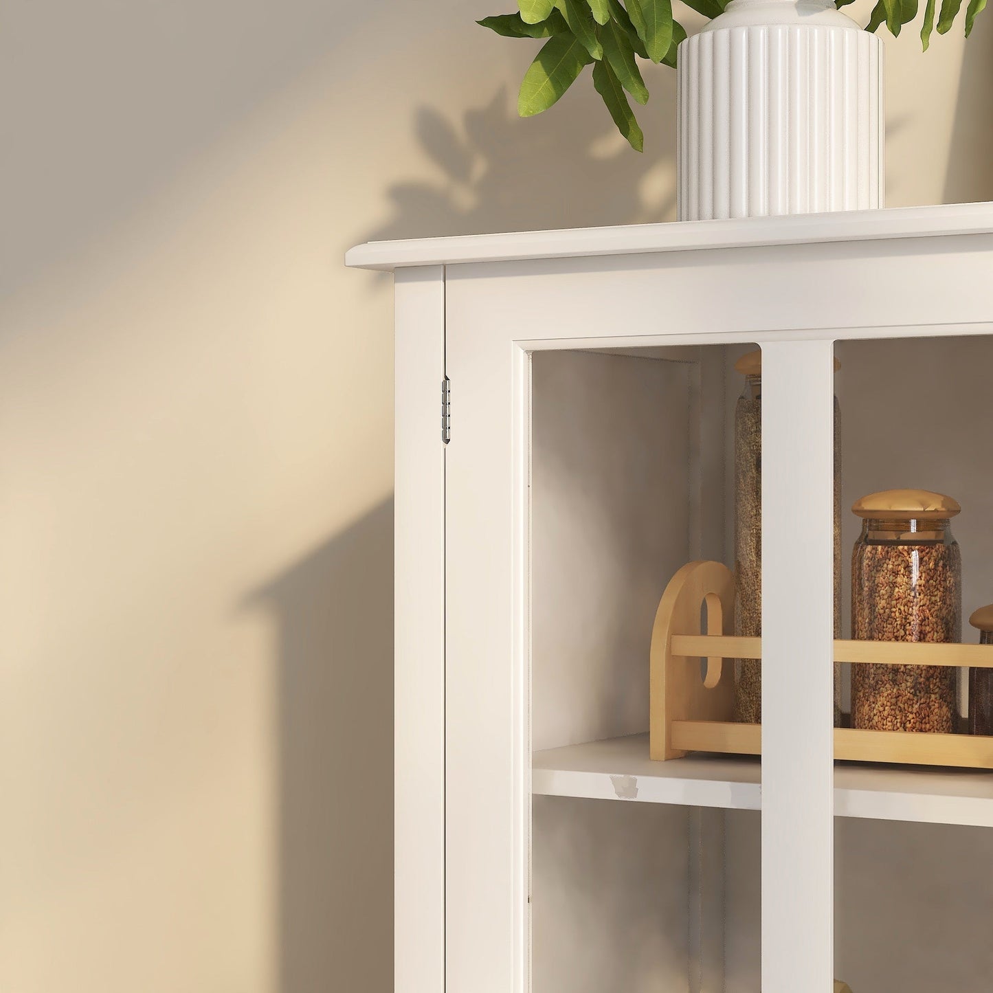 Buffet Storage Cabinet with Double Glass Doors and Unique Bell Handle