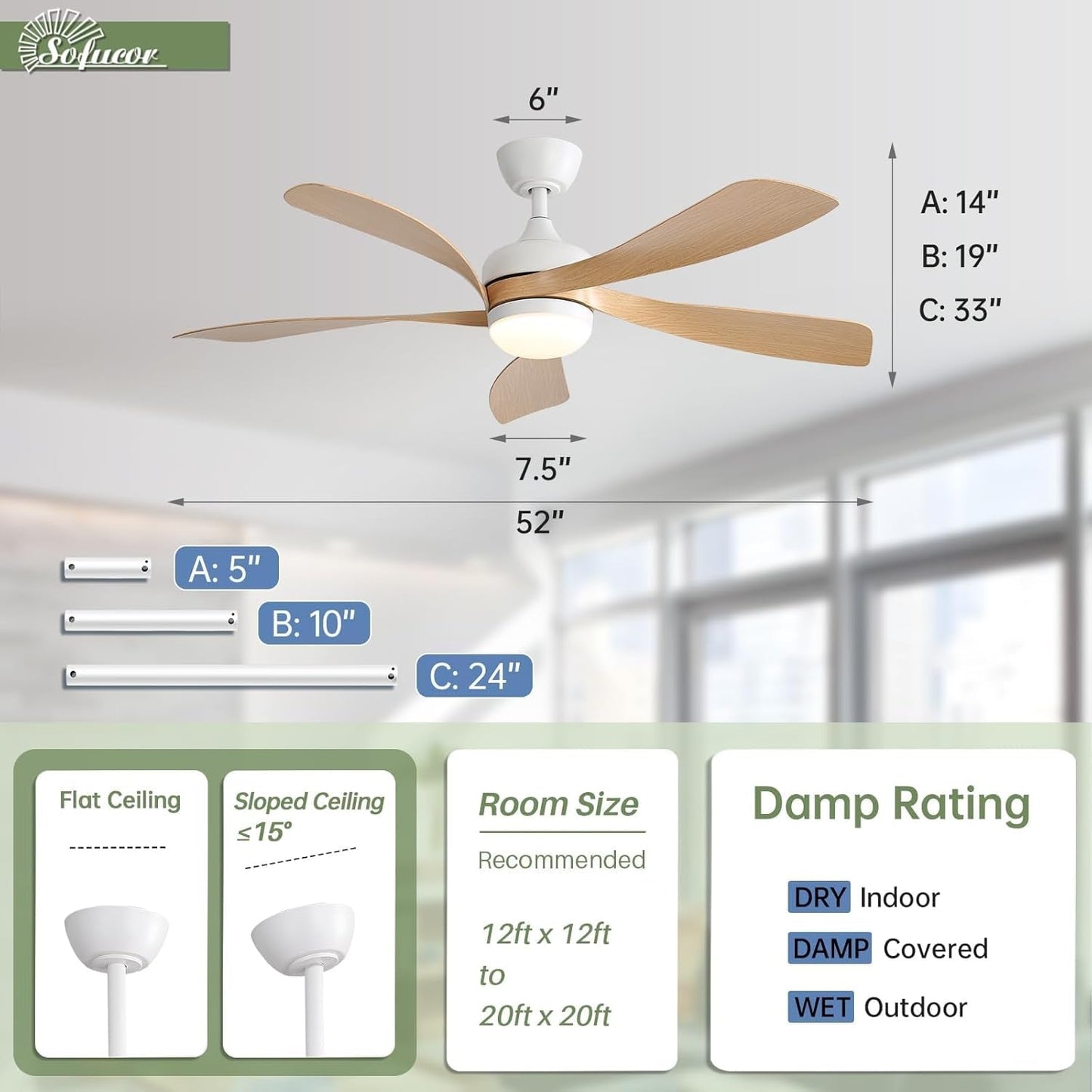 52 Inch Outdoor Ceiling Fan With Dimmable LED Light Remote