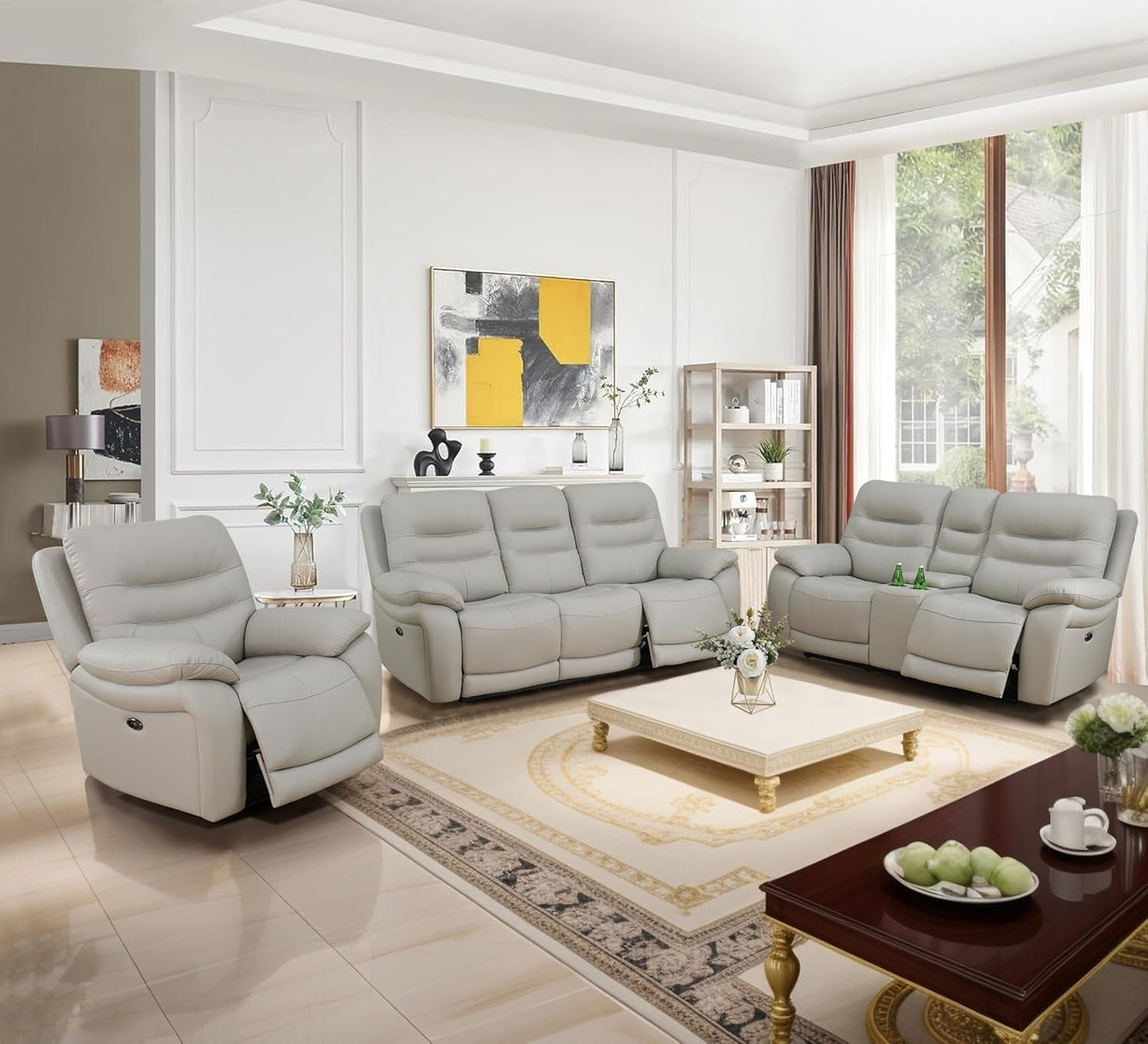 Genuine Leather Power Recliner Sofa Set 3 Piece Light Grey