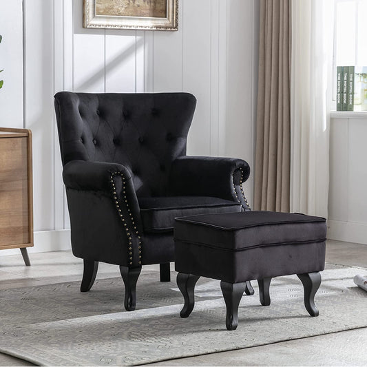 Elegant Black Velvet Wingback Chair With Ottoman Set in elegant living room.