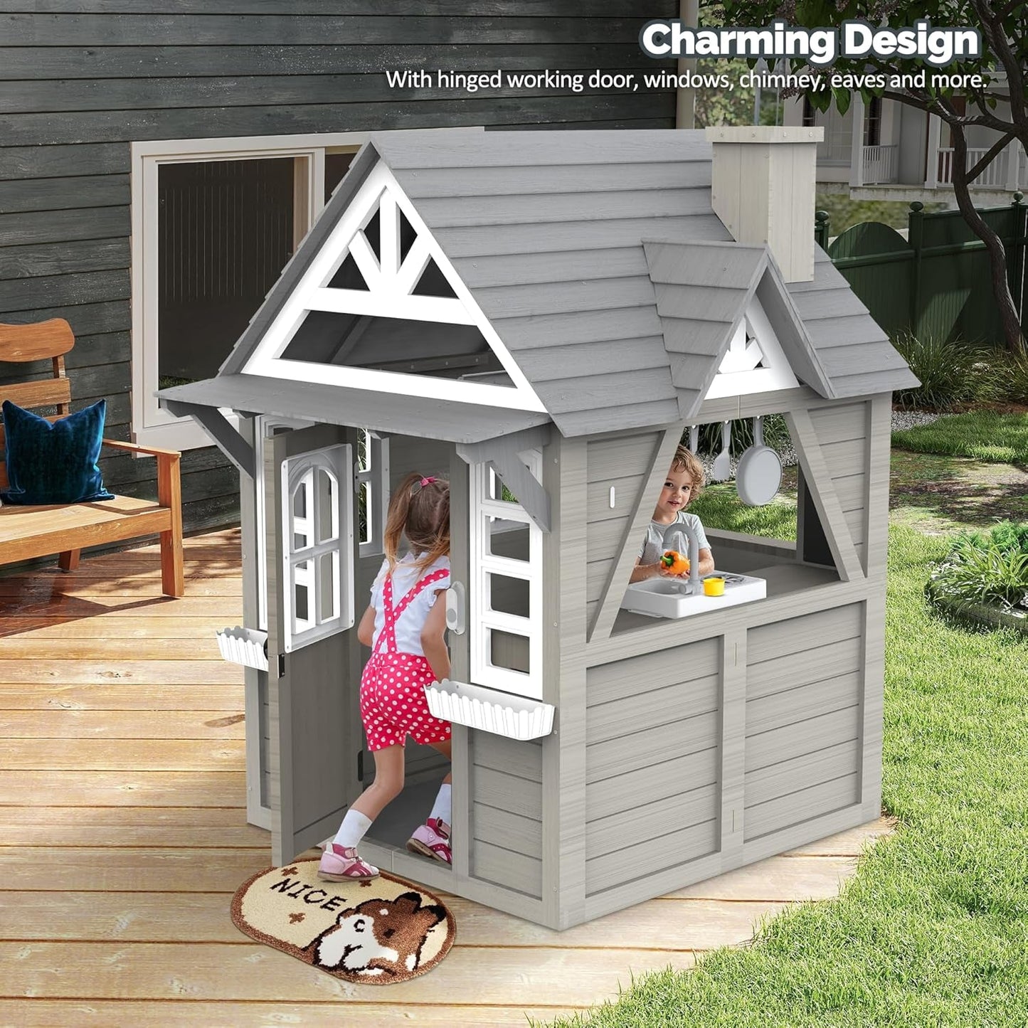 Gray Weatherproof Outdoor Wooden Playhouse With Sink