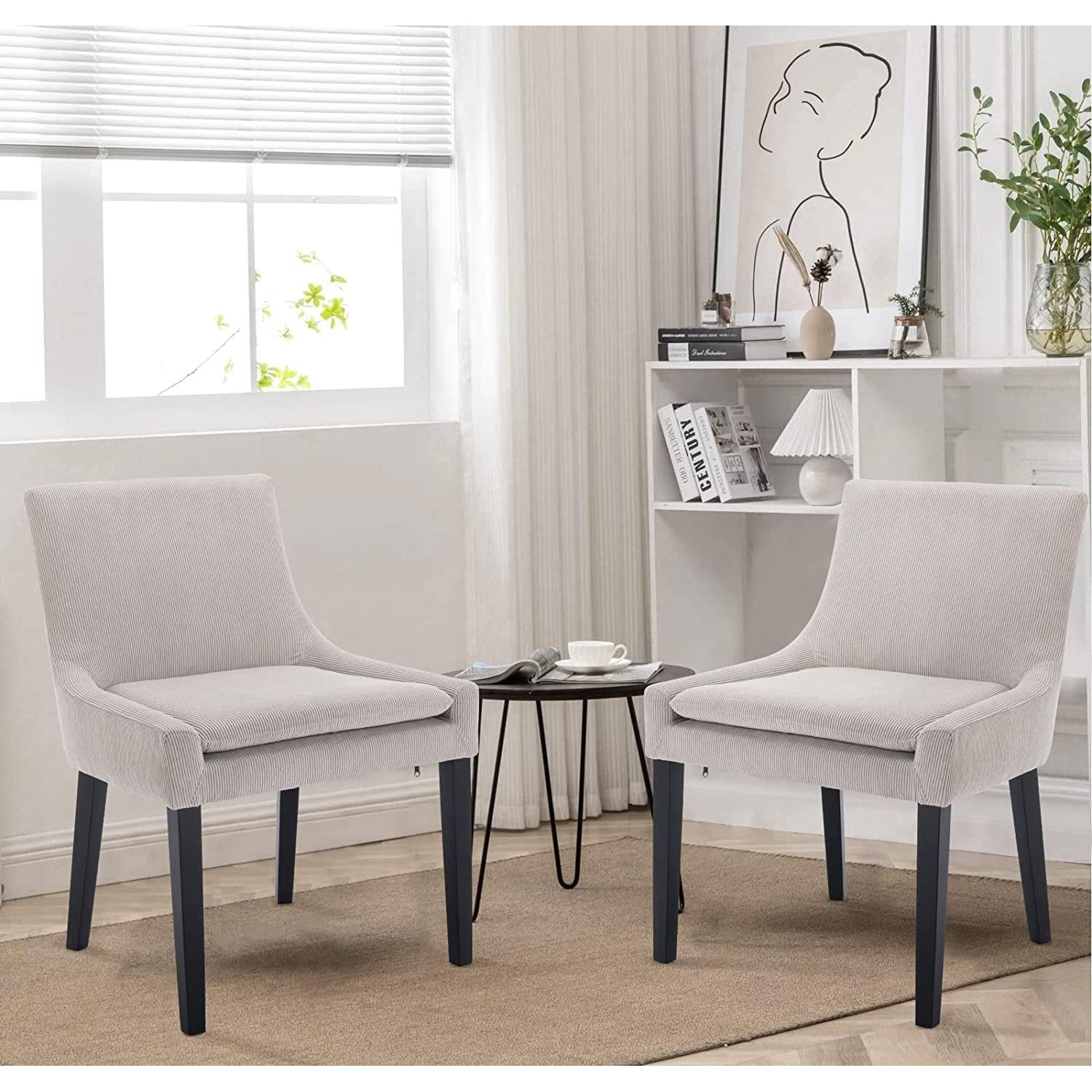 Beige Corduroy Dining Chairs With Wood Legs Set Of 6 in modern dining room setting with side table.