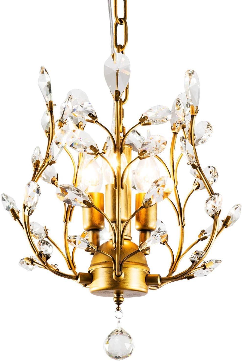 Gold Three Light Crystal Chandelier Ceiling Fixture With Adjustable Chain