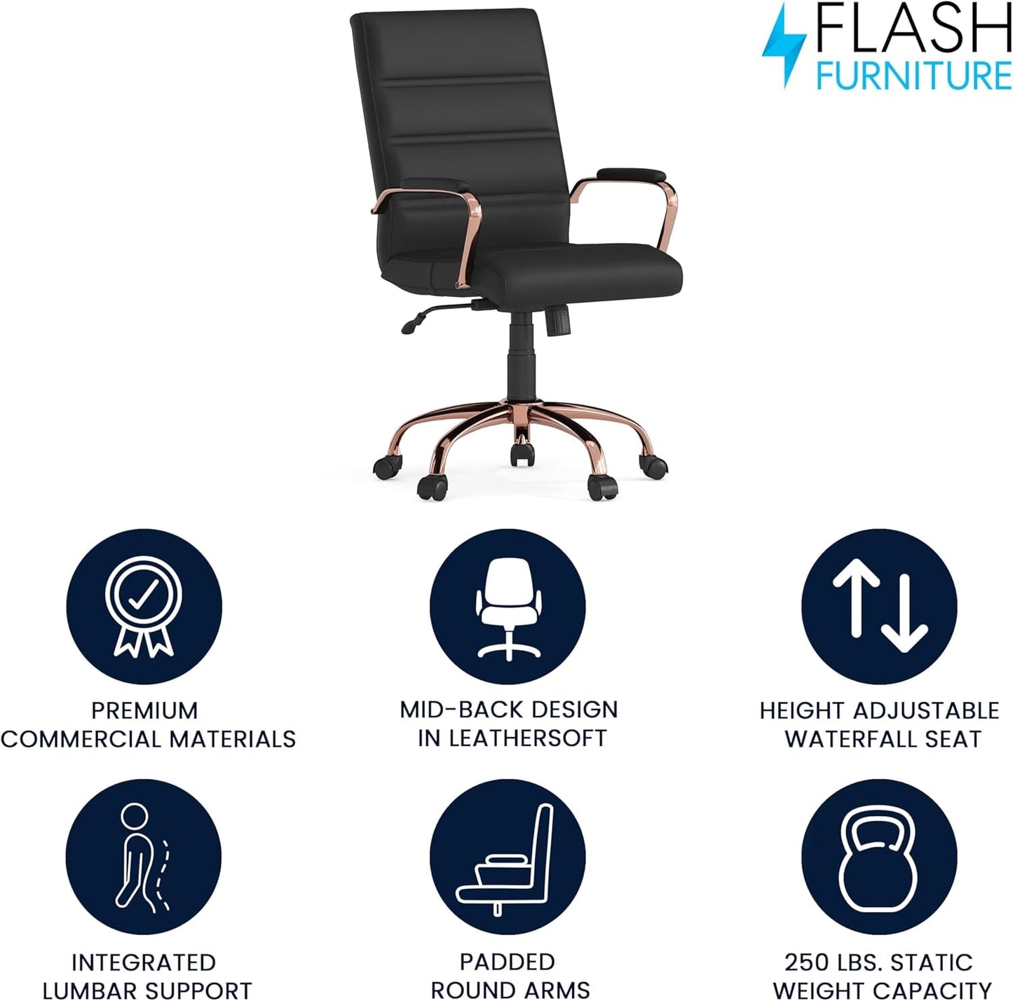 Whitney Mid Back LeatherSoft Desk Chair With Adjustable Height Black Rose Gold