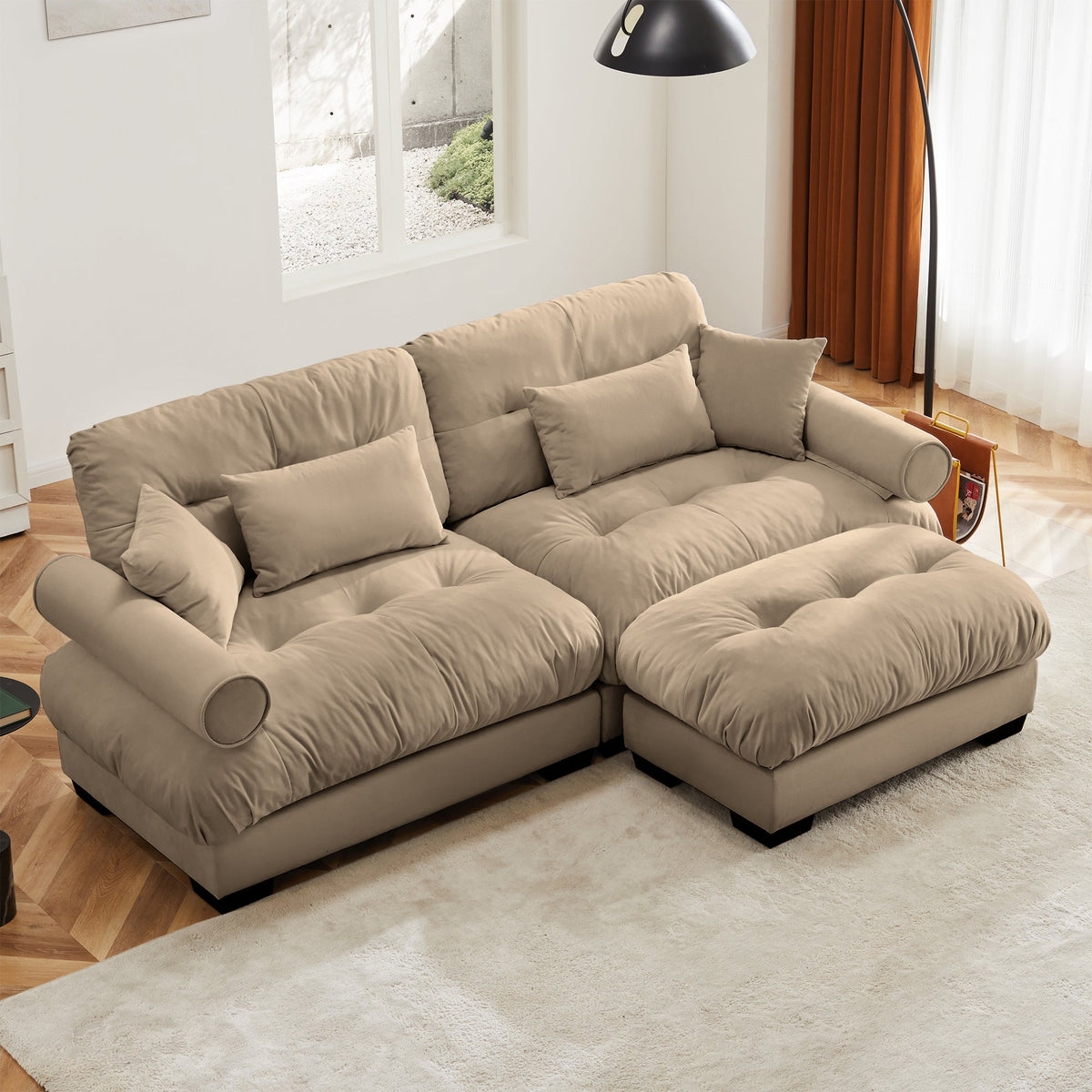 Over Size Modern Two-Seater Sofa with Ottoman, Velvet 2-Seater