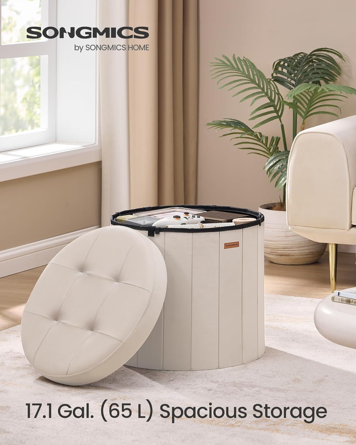 Round Folding Storage Ottoman Cappuccino Beige Velvet