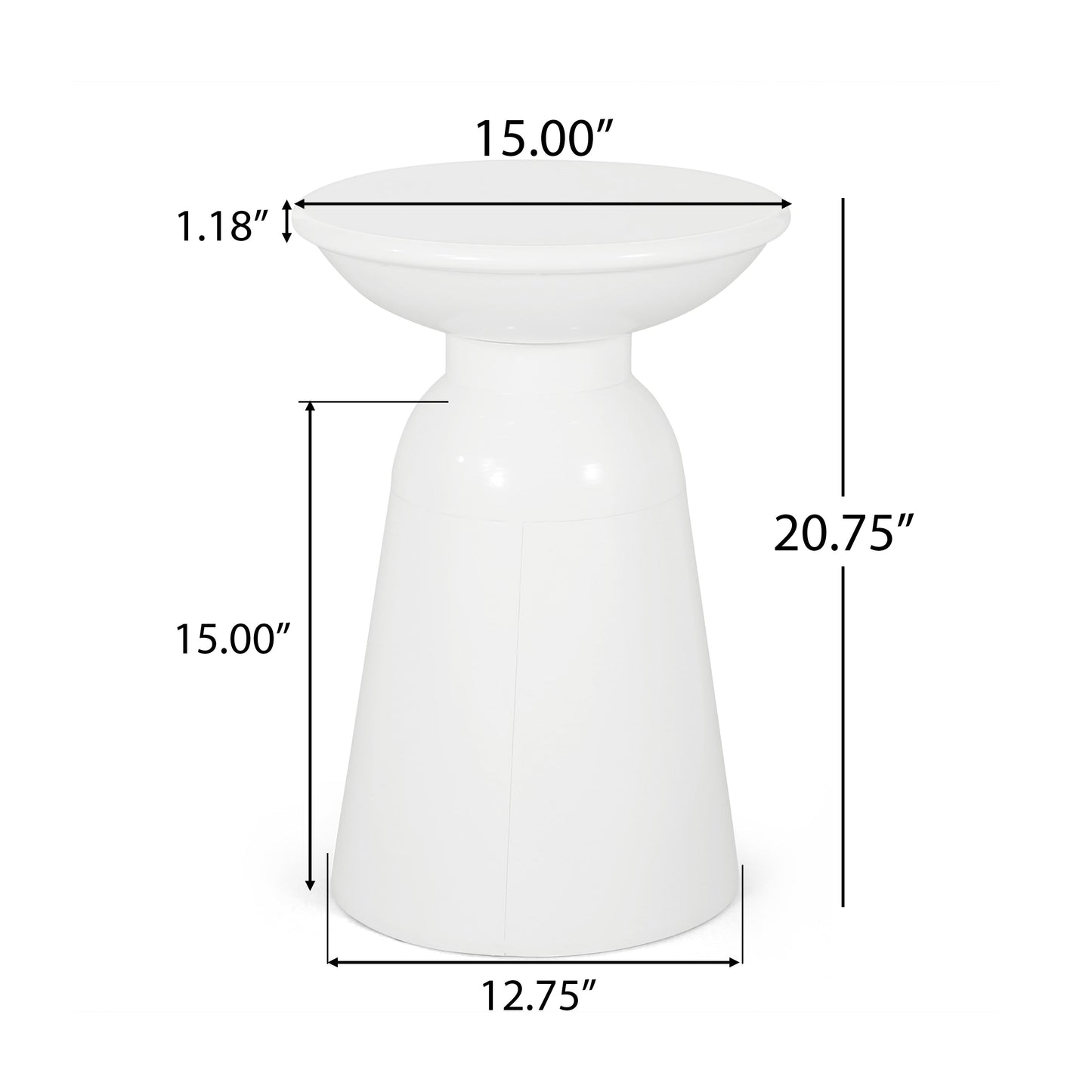 Modern Outdoor Metal End Table with Pedestal Design in White, Iron, 15 x 15 x 20.75 Inches