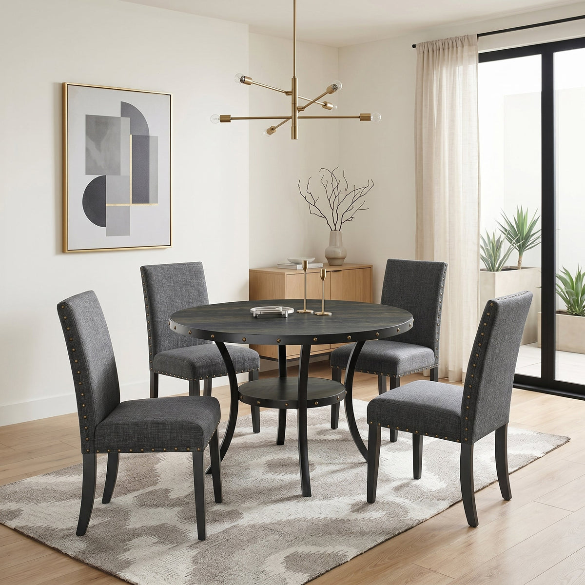 Biony Espresso Wood Dining Set With Gray Fabric Chairs