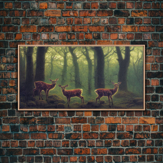 Does in a majestic forest, whitetail deer art, framed canvas print, ready to hang framed wall art