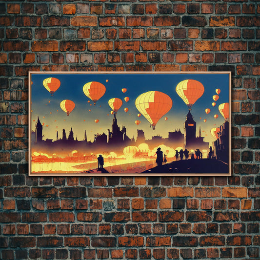 Flight of the balloons, hot air balloon armada, framed canvas print, ready to hang framed wall art
