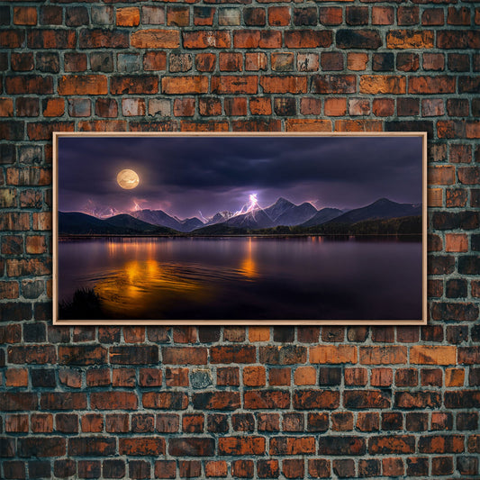 Full moon canvas print, Lightning storm over a mountain lake at night, cool wall art, awesome wall art