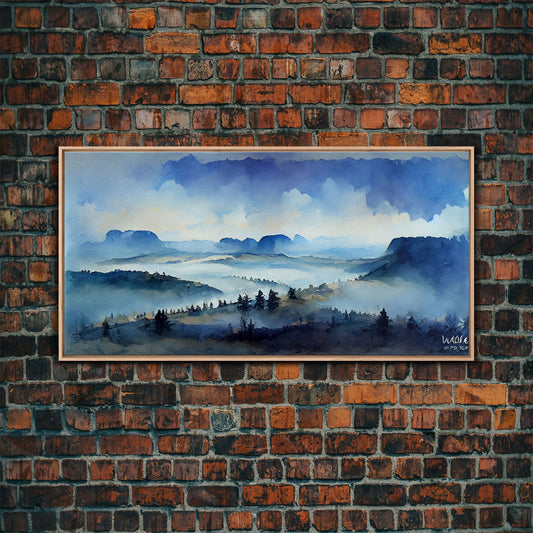 Watercolor Panoramic Canvas Print, Valley Trees and Mountain Landscape Art, Cool Living Room Art, farmhouse decor, guest room art