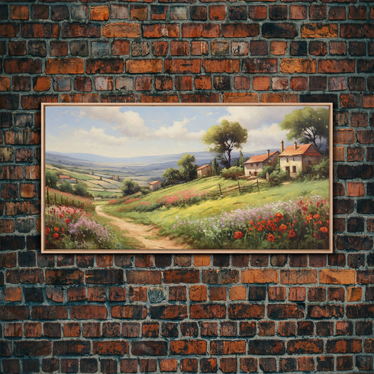 Spring Meadow Painting, Framed Canvas Print, Vintage Landscape Print, Country Art, Original Oil Painting, Farmhouse Decor, Modern Farmhouse