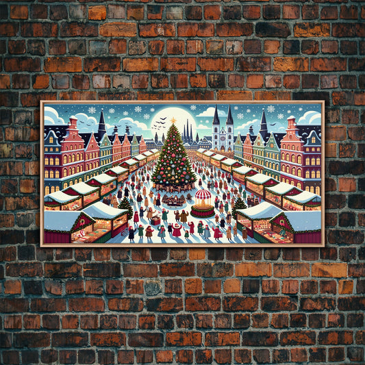 Abstract Christmas Village Centerpiece Wall Art - Framed Canvas Print - Winter Wonderland Decorated for Christmas Canvas Wall Art - Vintage