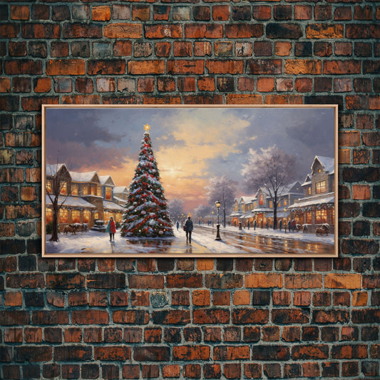 Cute Christmas Decor, Christmas Wall Art, Vintage Winter Wonderland Christmas Village Oil Painting Canvas Print, Framed Wall Art