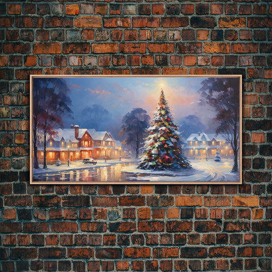 Cute Christmas Decor, Christmas Wall Art, Vintage Winter Wonderland Christmas Village Oil Painting Canvas Print, Framed Wall Art