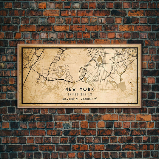 Old New York City Map Wall Art Canvas Print, Vintage Style New York City Map, Framed Wall Art, Cool NYC New York Wall Art, Office Decor